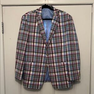 Saddlebred Multicolor Plaid Sport Coat in Light Blue, Burgundy & Yellow